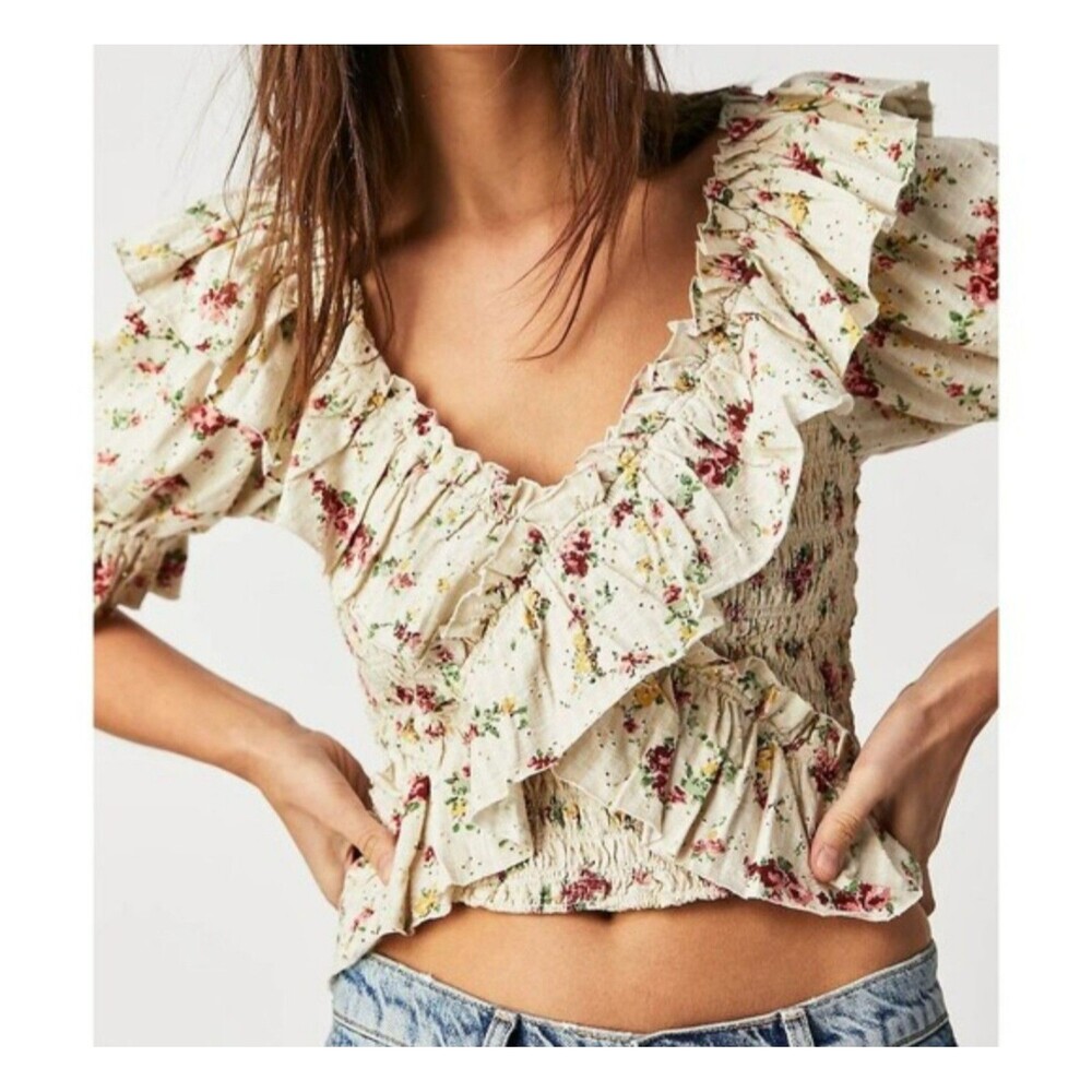 Free‎ People Favorite Girl Crop Top Puff Sleeve Floral Cottagecore Coquette